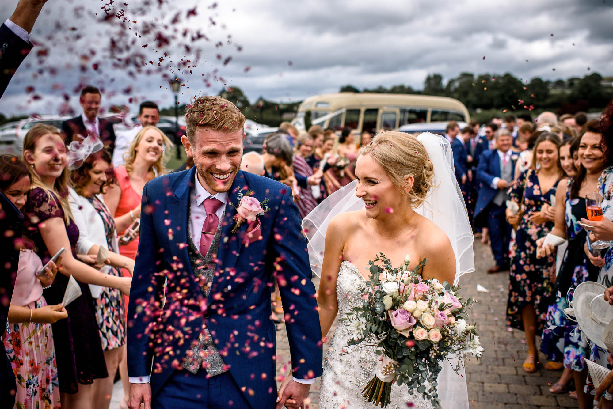 Confetti line up with vintage bus in the background